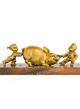 装饰品摆件鸿鑫雕塑黄铜孩童戏猪