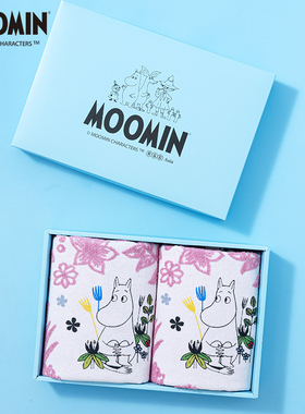 夕才儿美术馆姆明MOOMIN高档纯棉毛巾面巾2条装礼盒 节日送人礼品