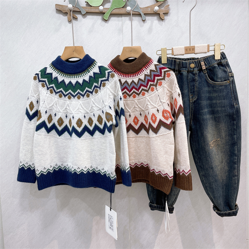 品牌童装冬款男童女童复古提花时尚套头毛衣儿童保暖针织衫55