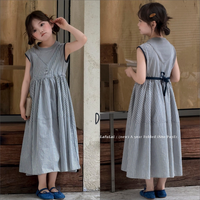 啦芙莱童装2026夏款女童无袖假两件拼接文艺范收腰长裙连衣裙2319