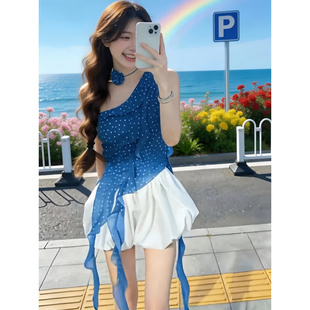 夏日甜美风穿搭套装女新款波点吊带背心露肩上衣配花苞裙两件