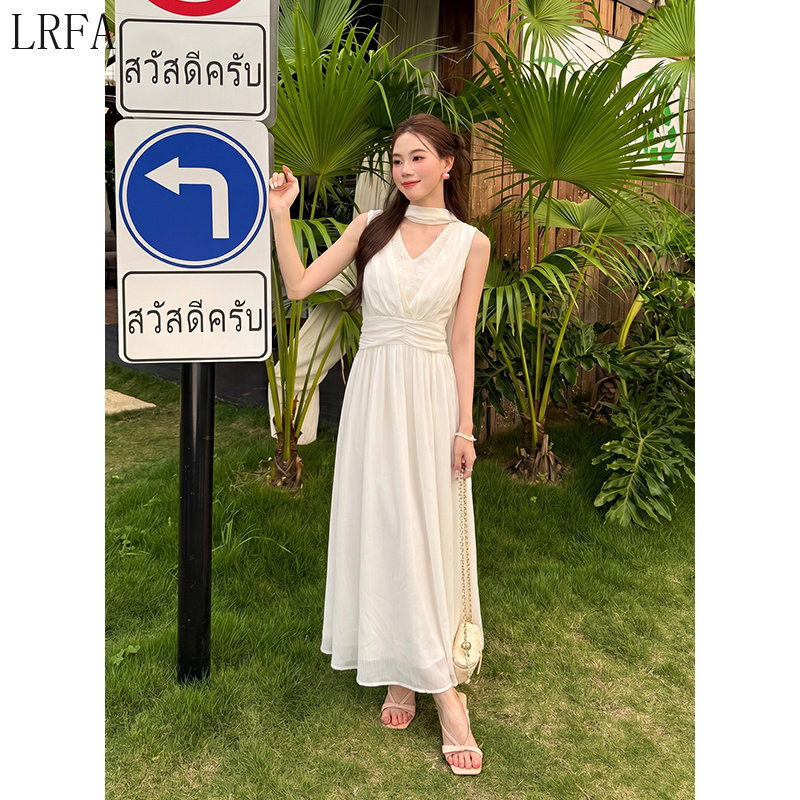 夏季新款法式优雅飘带纯色裙子2026衣服蕾丝花边拼接雪纺连衣裙女