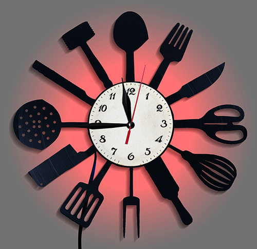 厨房装饰刀叉勺餐具黑胶唱片挂钟Vinyl Wall Clock创意钟表led灯