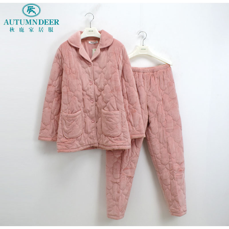 秋鹿睡衣冬季女夹棉三层