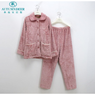 家居服 女士保暖舒适法兰绒烂花扣领可外穿长袖 秋鹿睡衣秋冬季 新款