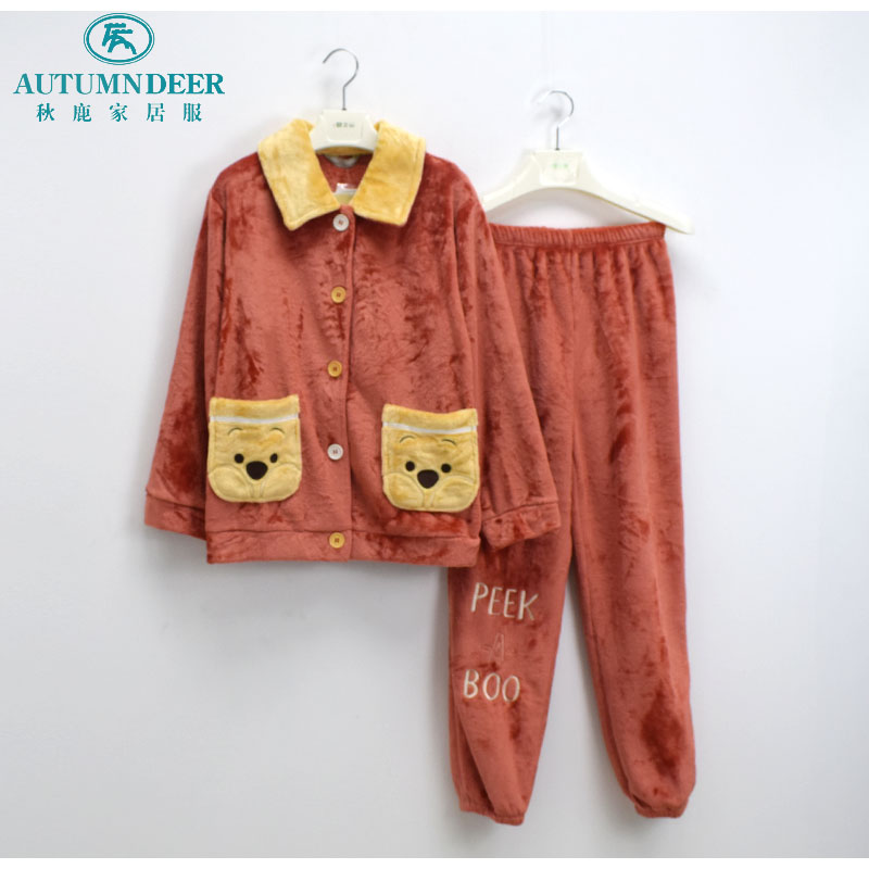 秋鹿睡衣秋冬季女士新款法兰绒落肩扣领卡通熊加厚保暖长袖家居服