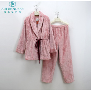 秋鹿睡衣秋冬季 双面法兰绒超声波刺花关刀领家居服套 女士保暖时尚