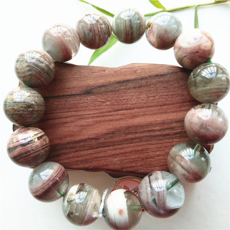 珍藏品天然绿红幽灵千层山水晶手链金字塔幻影水晶手串男士款14mm