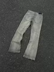 Evil Gazer Pioneer Dark Style Gray Distressed Micro-Flared Slim Fit Stretchy Three-Dimensional Whiskered Denim Pants