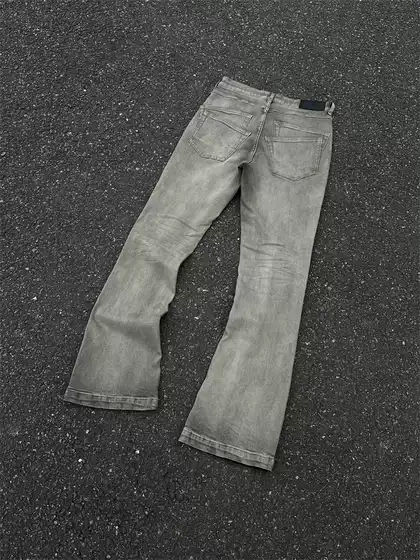 Evil Gazer Pioneer Dark Style Gray Distressed Micro-Flared Slim Fit Stretchy Three-Dimensional Whiskered Denim Pants