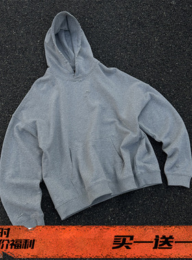 EVIL GAZER宽松破坏麻灰色连帽卫衣男clean fit高级感套头帽衫