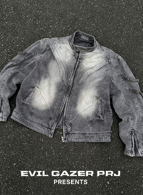EVI GAZER 宽松解构Archive水洗毛边做旧垫肩牛仔机车夹克外套