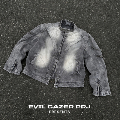 EVI GAZER 宽松解构Archive水洗毛边做旧垫肩牛仔机车夹克外套
