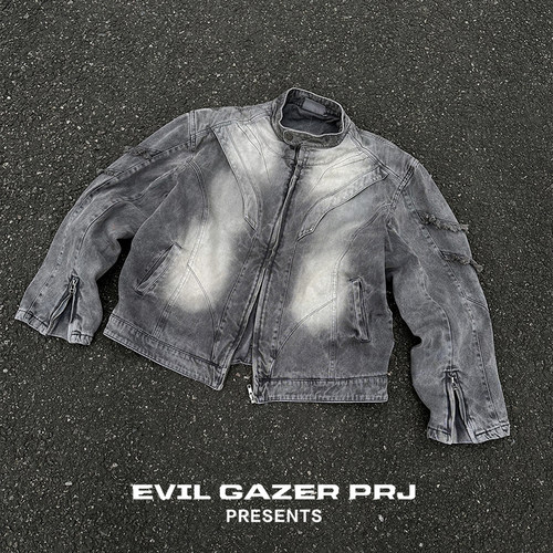 EVI GAZER 宽松解构Archive水洗毛边做旧垫肩牛仔机车夹克外套