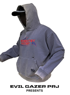 EVIL GAZER宽松落肩boxy破洞卫衣紫色洗水做旧dirtyfit套头帽衫