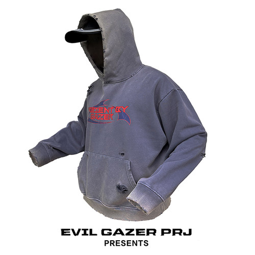 EVIL GAZER宽松落肩boxy破洞卫衣紫色洗水做旧dirtyfit套头帽衫