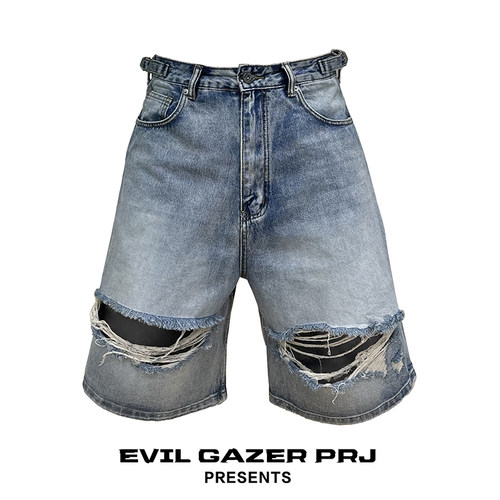 WIIPSOLID 水洗复古冰蓝宽松大破洞廓形阔腿五分牛仔破坏短裤男