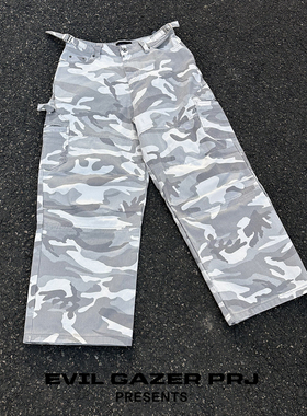 EVIL GAZER巴黎风格街头阔腿工装裤baggy廓形宽松灰白色迷彩长裤