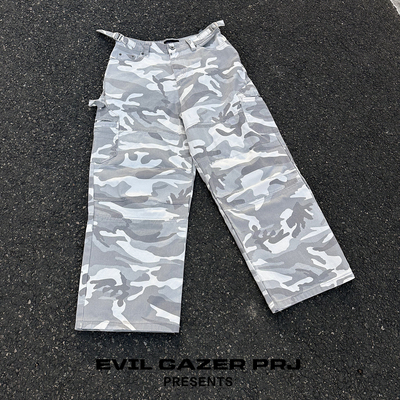 EVIL GAZER巴黎风格街头阔腿工装裤baggy廓形宽松灰白色迷彩长裤