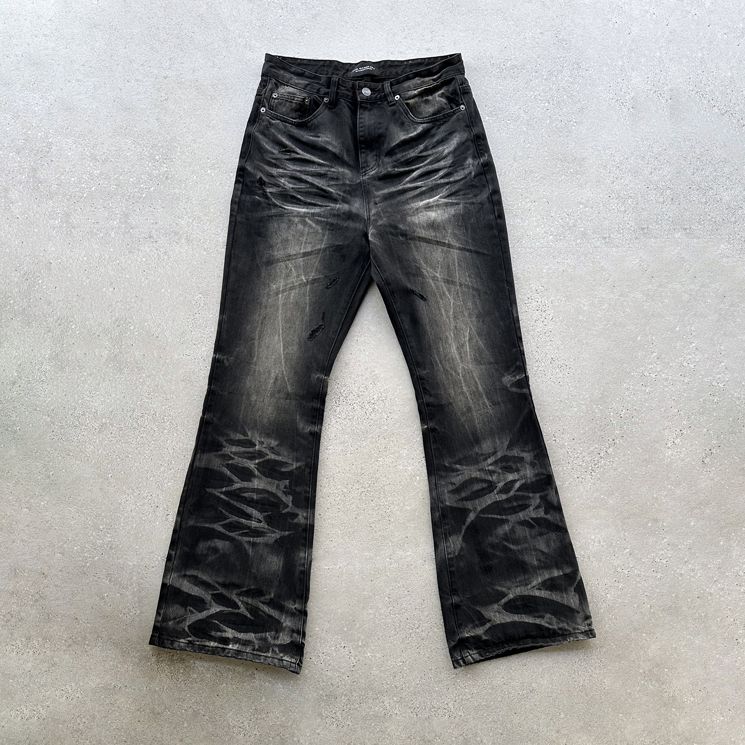 thumbnail for EVIL GAZER three-dimensional cat whiskers black water ripple "ghost wash" dirtyfit micro-flared denim trousers