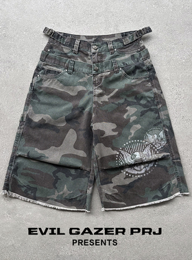 EVIL GAZER 迷彩vibe风双腰设计老鹰印花洗水做旧七分工装短裤