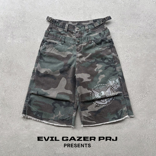 EVIL GAZER 迷彩vibe风双腰设计老鹰印花洗水做旧七分工装短裤