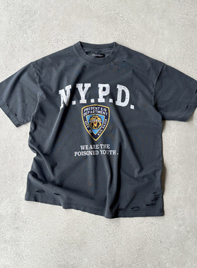 EVIL GAZER 复古洗水做旧开裂破损印花 破洞美式宽松短袖T恤