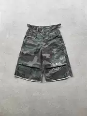 Evil Gazer Camouflage Vibe Style Double Waist Design Eagle Print Washed Distressed Cropped Cargo Shorts