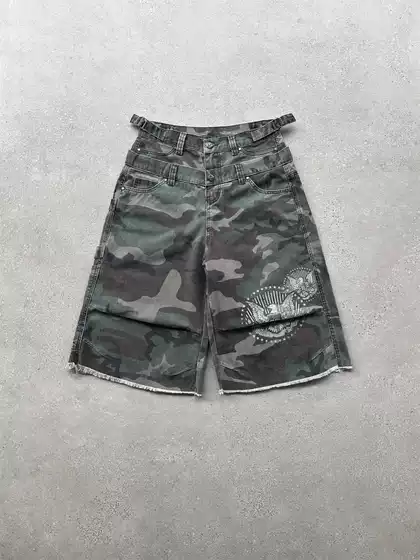 Evil Gazer Camouflage Vibe Style Double Waist Design Eagle Print Washed Distressed Cropped Cargo Shorts