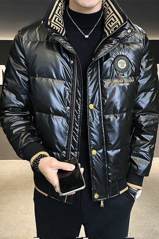 冬季简欧洲站羽绒服刺绣亮面90%白鸭商务立领厚外套黑色Y9183P280,男装羽绒服,星座1207