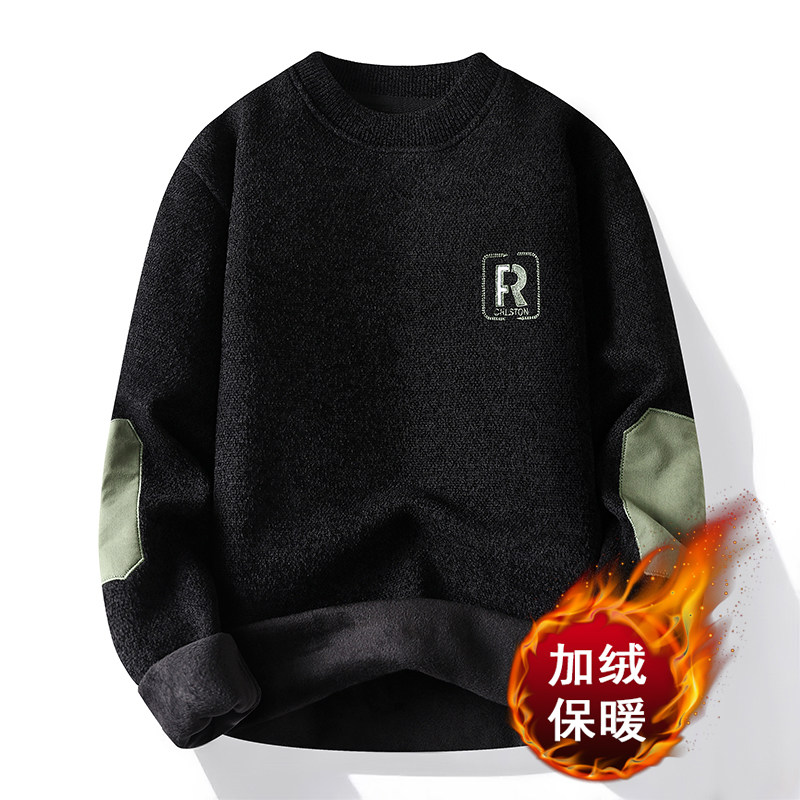 一体绒奥利绒双面加厚针织毛衫衣美式打底卫衣宽松套头黑9265P30,男装针织衫/毛衣,星座1207