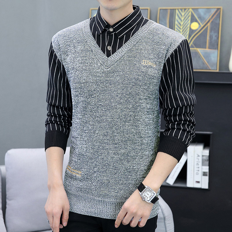 秋长袖毛衣男套头假两件条纹衬衫男J刺绣商务翻领针织深灰M292P30图片