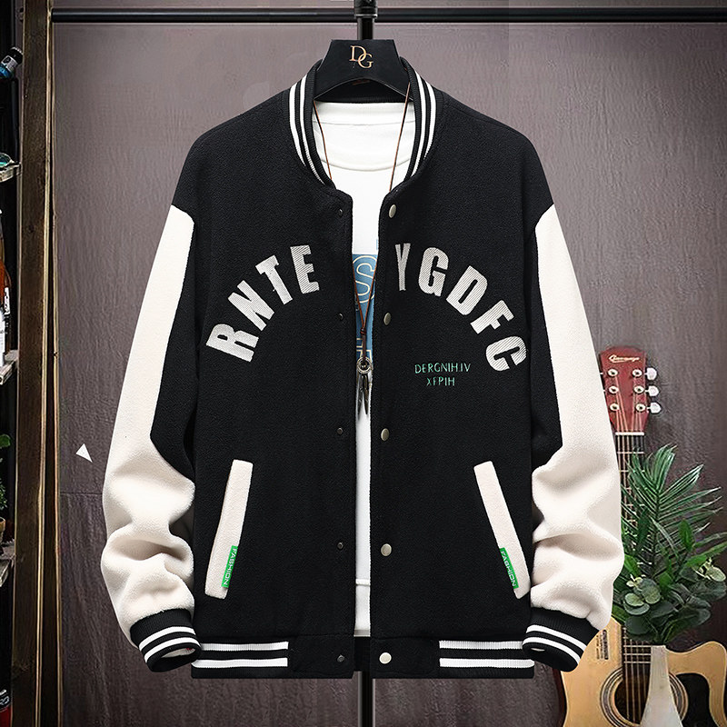 高质量直播颗粒绒拼接日系棒球服男夹克外套风衣棉服黑色9825P75图片