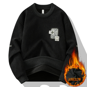 冬季圆领加绒加厚长袖卫衣男大码精品竖纹水波纹R刺绣黑色9238P50图片