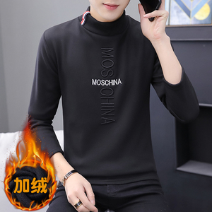 冬季半高领刺绣卫衣男t恤男休闲加绒加厚保暖打底长袖白320P20图片