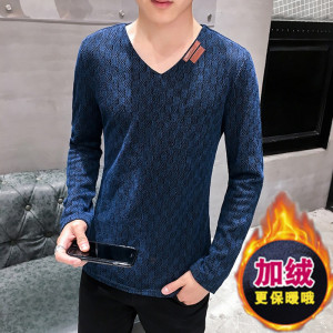 冬季加绒加厚长袖男保暖卫衣男外贸大码网格纱打底衫黑K13加绒P30图片