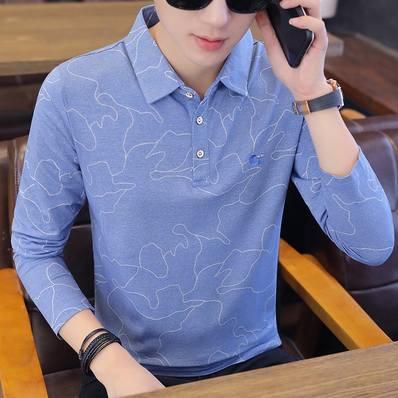 韩版长袖商务polo衫男地图棉t恤卫衣男翻领衬衫领绿9606P37,男装Polo衫,星座1207