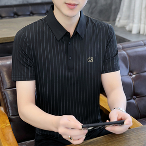 夏季棉短袖半袖Polo衫翻领t恤男冰丝条纹舒适商务五分袖黑8501P40图片