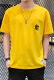 夏季短袖棉情侣NY圆领五分袖刺绣落肩t恤男大码宽松黄9551P22，男装T恤，星座1207