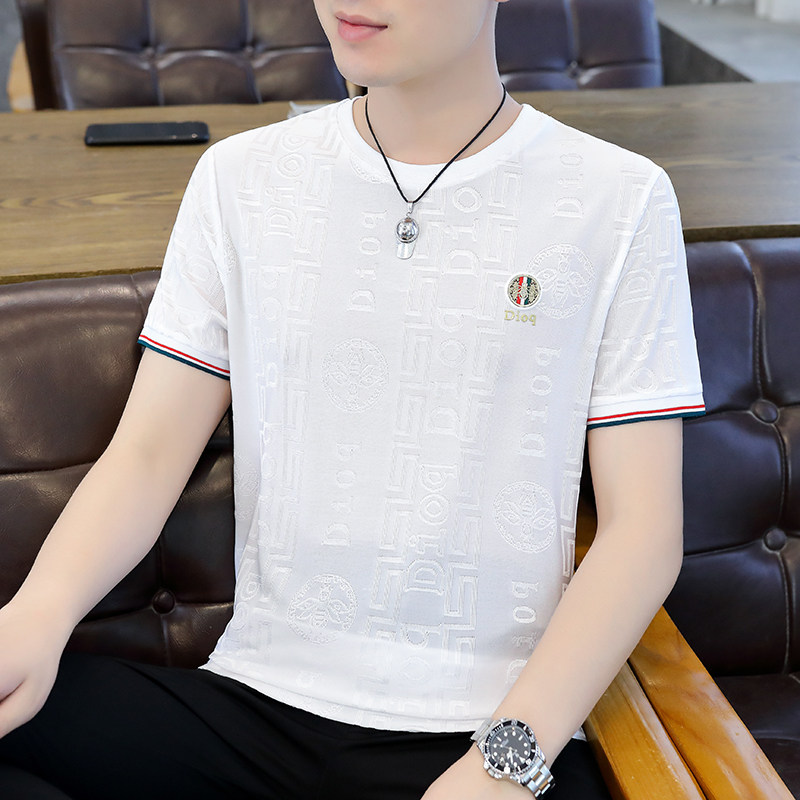 短袖大码商务冰丝清凉休闲五分袖卫衣套头日系圆领模特白8555P32，男装T恤，星座1207