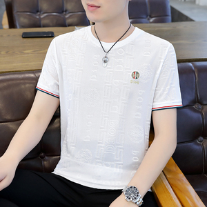 短袖大码商务冰丝清凉休闲五分袖卫衣套头日系圆领模特白8555P32,男装T恤,星座1207