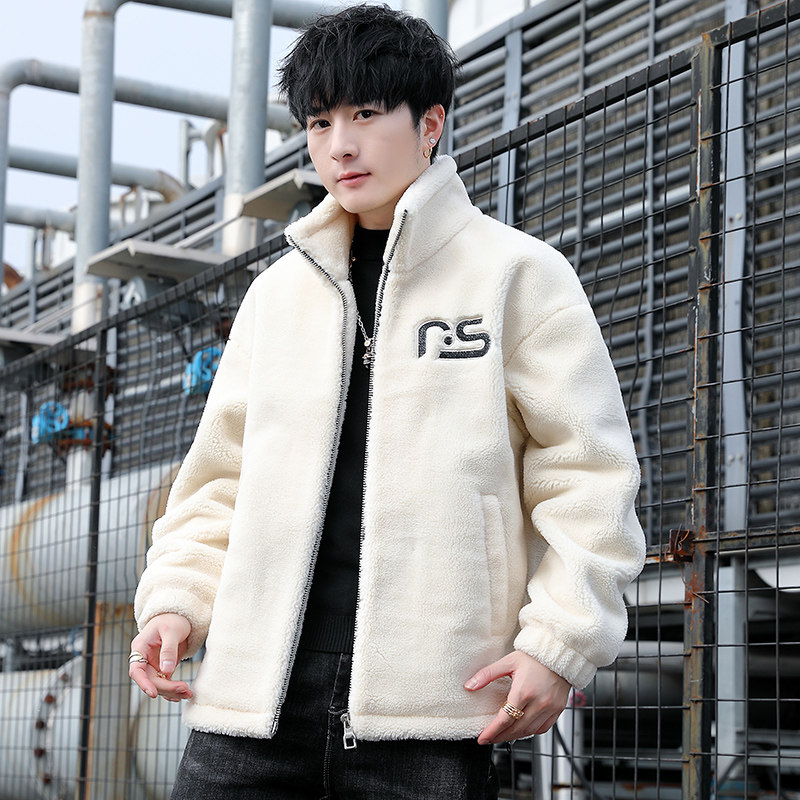 冬季棉衣拼接立领潮牌加绒加厚外套英文颗粒绒拉链模特白9125P100，男装棉衣，星座1207