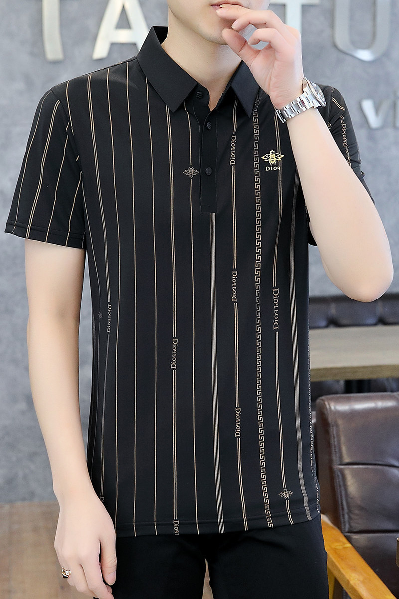 夏季棉短袖半袖Polo衫翻领t恤男冰丝断条纹商务五分袖黑色8503P40,男装Polo衫,星座1207