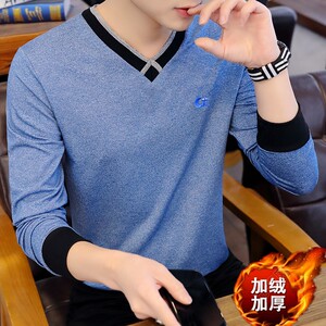 冬季加厚保暖防寒套头长袖男卫衣男商务V领打底衫卡其9632加绒图片