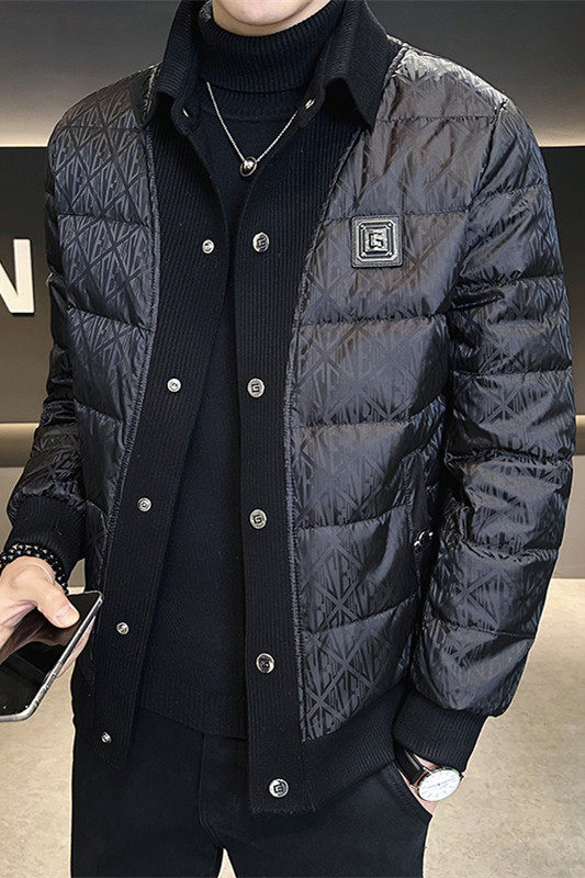冬季简欧精神小伙夹克羽绒服90%白鸭衬衫领翻领厚外套黑Y9185P280,男装羽绒服,星座1207