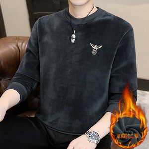 冬季加厚卫衣男商务舒适保暖打底衫一体绒海岛绒刺绣藏青9251P53图片