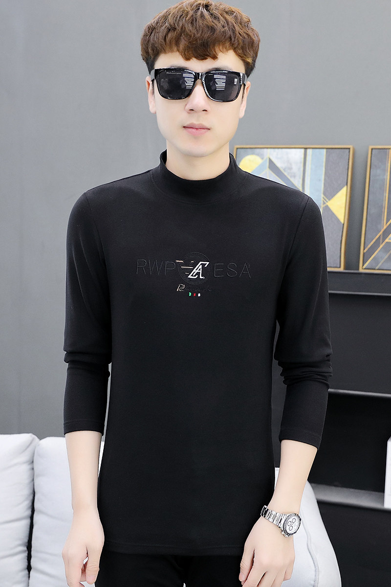 冬季长袖男高质量卫衣双面绒打底德绒半高领大码文字黑色9217P33,男装卫衣,星座1207