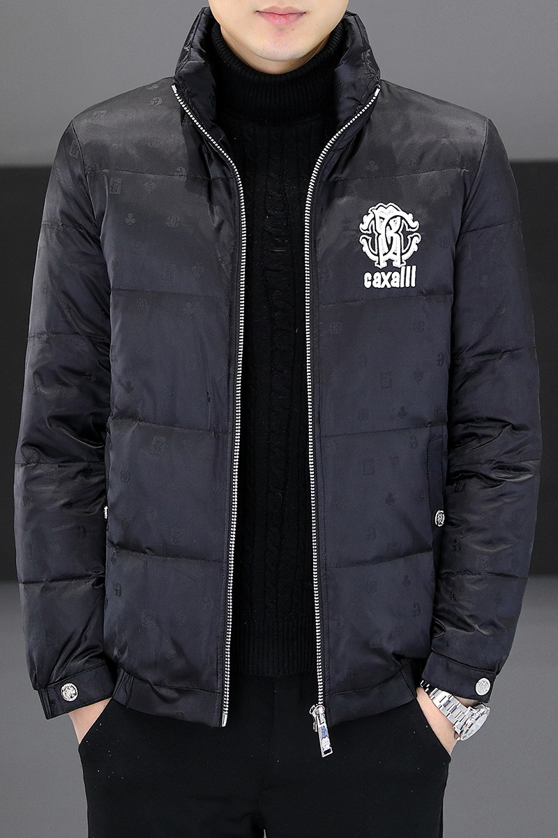 冬简欧羽绒服暗花刺绣亮面90%白鸭商务立领厚外套黑Y9181P280,男装羽绒服,星座1207