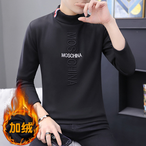 冬季半高领刺绣卫衣男t恤男休闲加绒加厚保暖打底长袖黑320P20图片