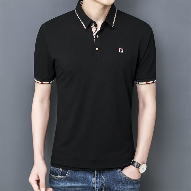 夏季棉短袖Polo衫领拼格t恤男修身百搭时尚精神商务绅士黑9576P40图片